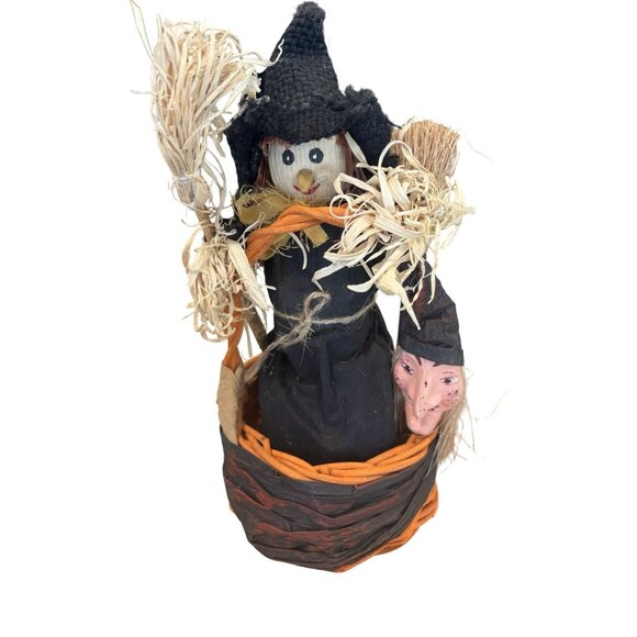 Vintage Paper Mache Halloween Wicker Basket Cornhusk Doll Wicker Creepy Doll - Picture 1 of 8